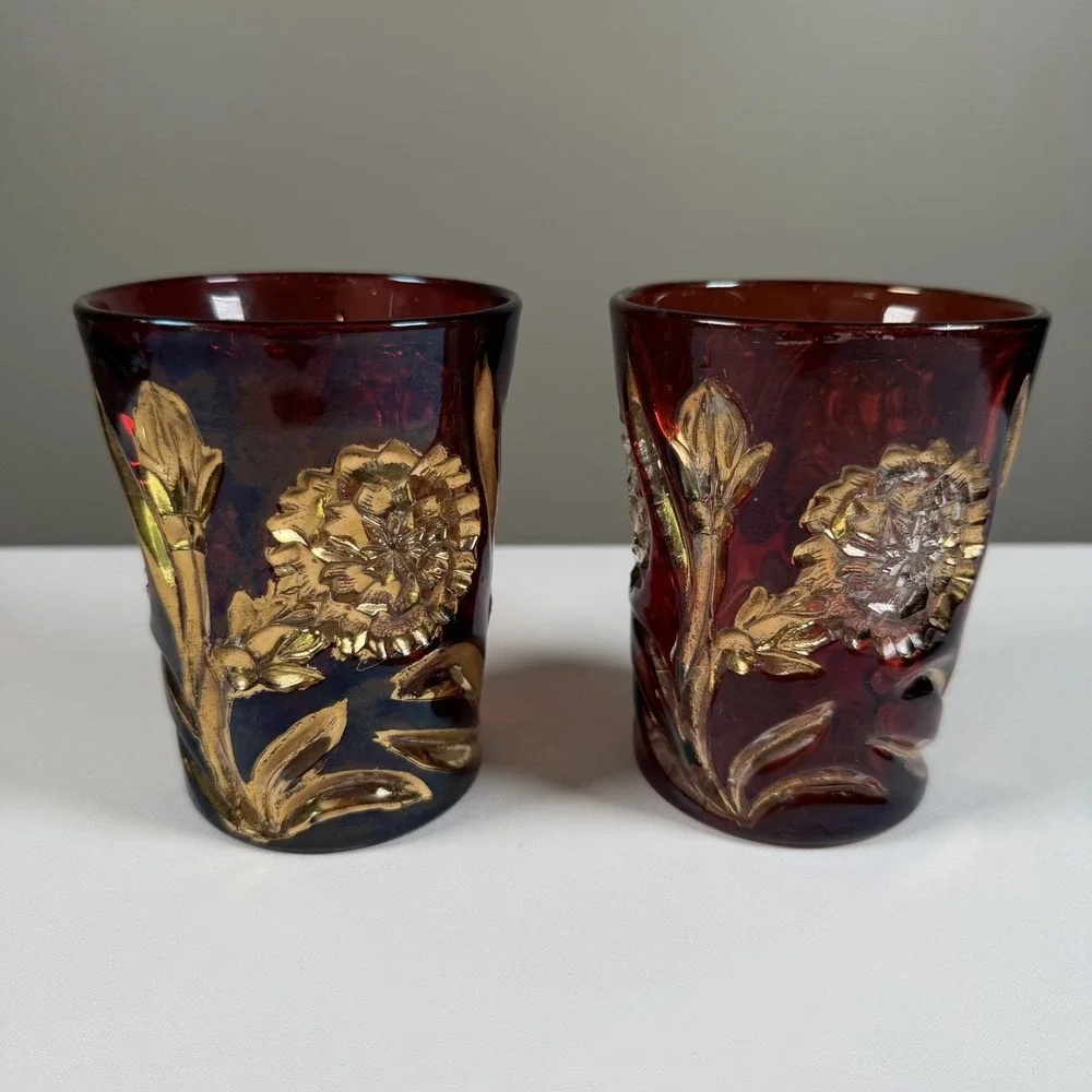 Antique New Martinsville Carnation No. 88 Ruby Flash Gold Floral Tumblers 2